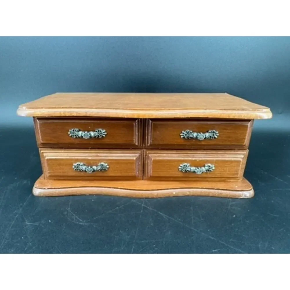 Vintage Wood Jewelry Box Mirror Cream Interior Drawer Ornate Metal Pulls 10.5